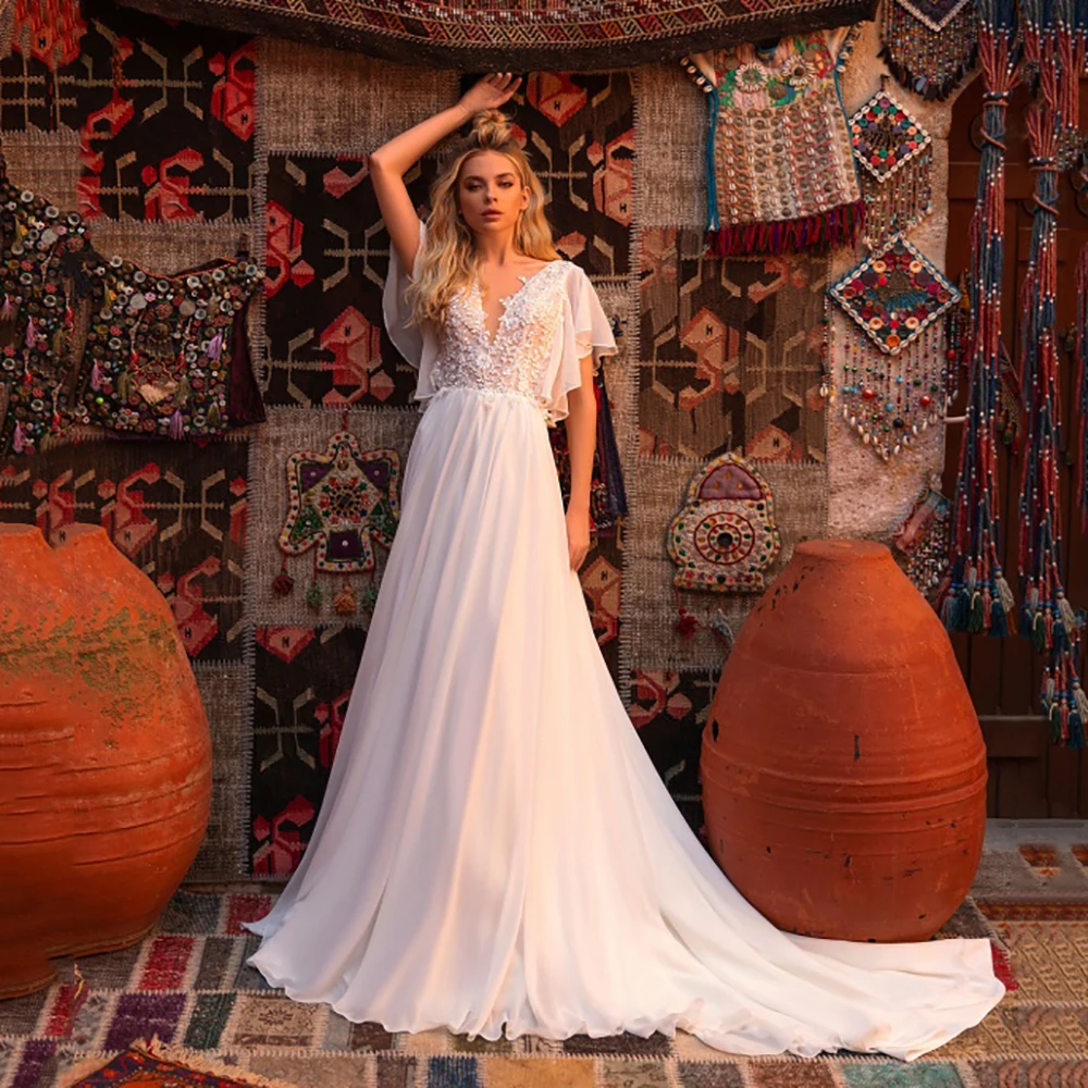 

Msikoods Bohemian Chiffon Wedding Dresses V Neck Lace Applique Flutter Sleeve A Line Bridal Gown Boho Bride Dress Customized