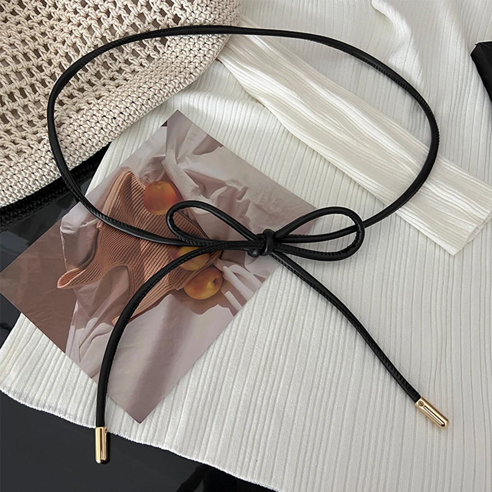 150/160cm Round Leather Thin Belt Women Decorative Bow Knot Waist Rope Knotted Vintage Dress Coat Sweater String Strap Waistband