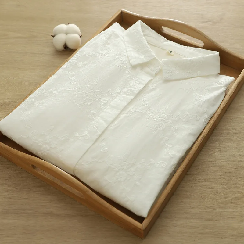 جديد 2025 الخريف قميص قطني بكم طويل ، المرأة بدوره إلى أسفل طوق التطريز ، موري فتاة تنوعا بلوزة فضفاضة غير رسمية T58849CC