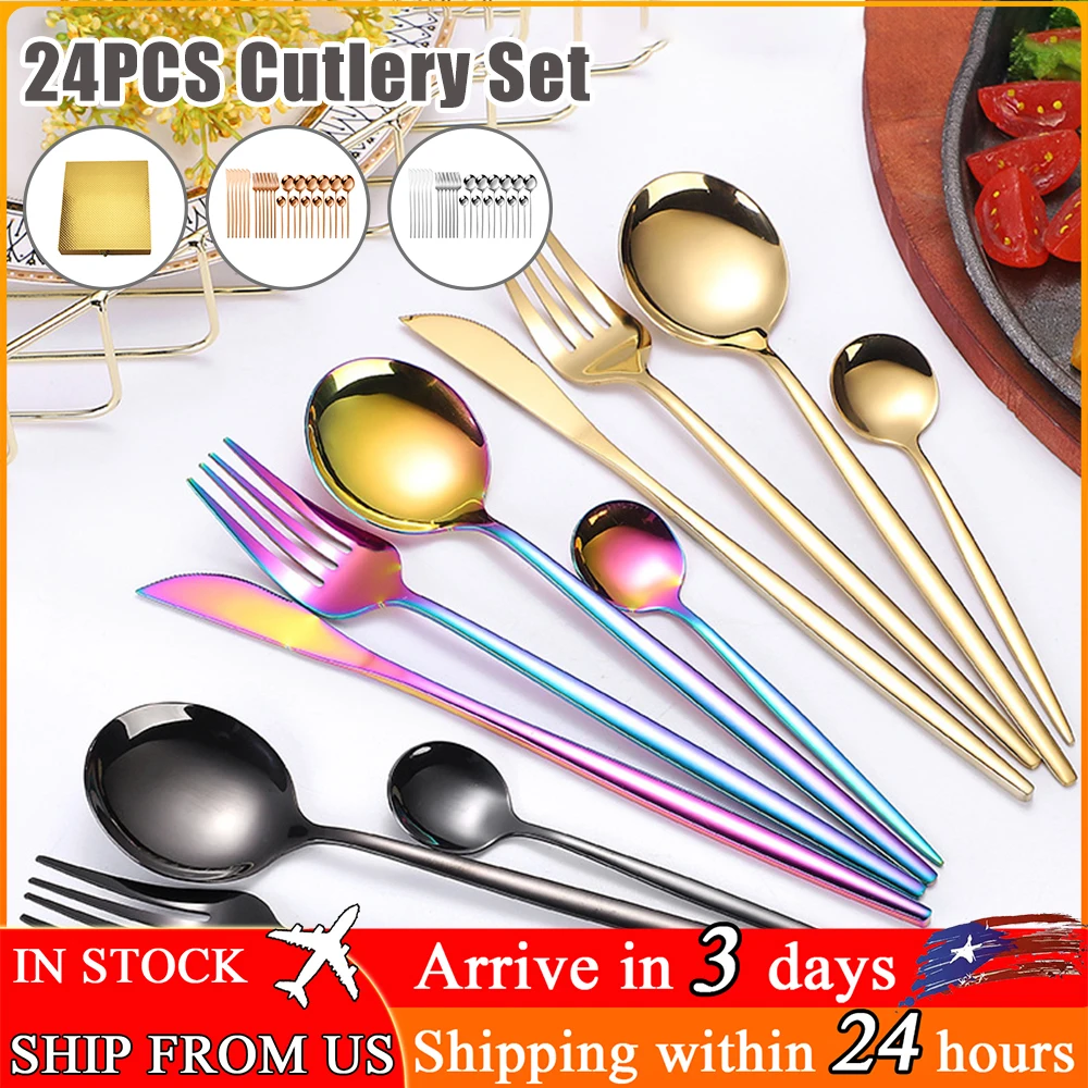 

24Pcs Stainless Steel Cutlery Set Dinnerware Set Mirror Silverware Knife Fork Spoon Tableware Flatware Set Kitchen Tableware