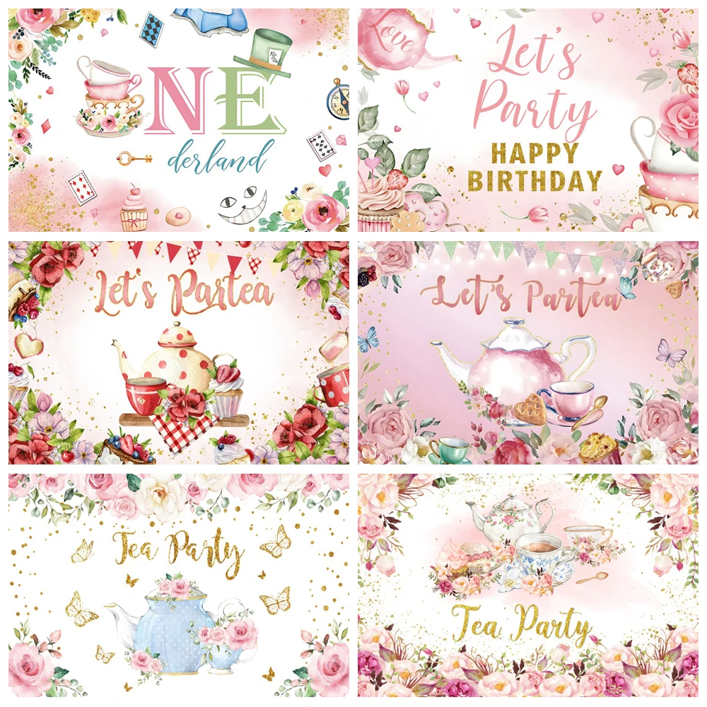 

Wonderland Tea Party Backdrop Teapot Flower A Baby Is Brewing Princess Girl Baby Shower Birthday Photography Background Decor