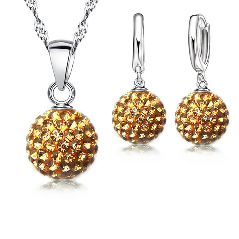 Nowe zestawy biżuterii 925 Sterling Silver austriacka kryształowa kula dyskotekowa dźwignia kolczyk zapinany z tyłu znalezienie naszyjnik kobieta