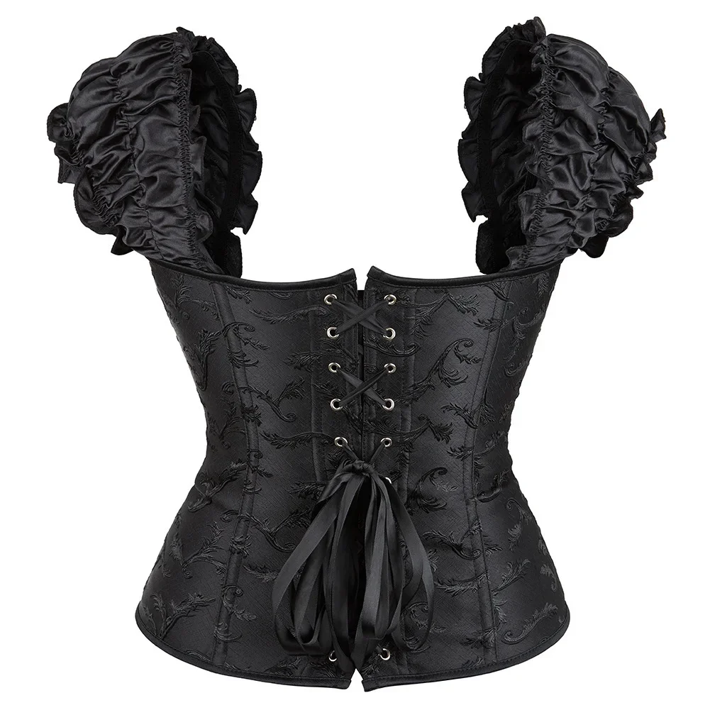 Mulheres sexy puff babados manga overbust espartilho, osso de aço, fora do ombro, jacquard cintura bustier, top preto e branco