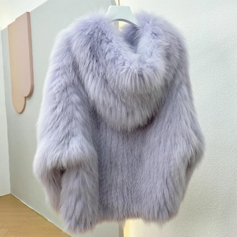 

2023 Real Fur Coat Natural Fox Fur Hooded Warm Loose Coat Winter Jacket Women Woven Fur Strip Sewed Toghter New Fashion