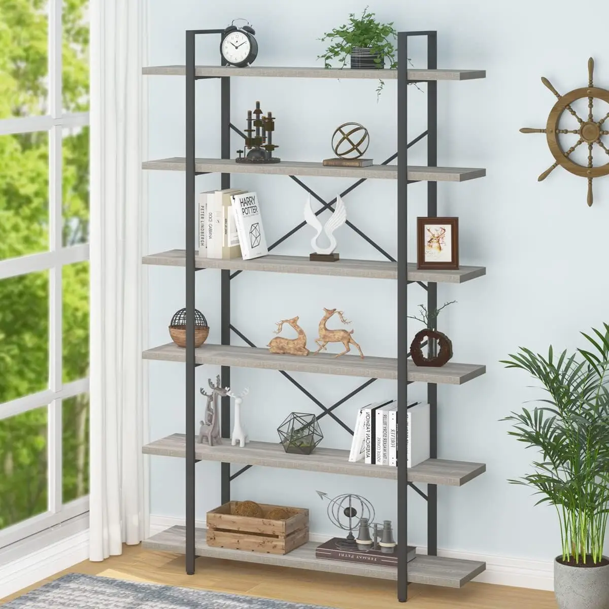 

Hsh 6 Tier Tall Bookshelf, Wood And Metal Vertical Display Book Shelf, Industrial 6 Shelf Bookcases And Book Shelves Storage