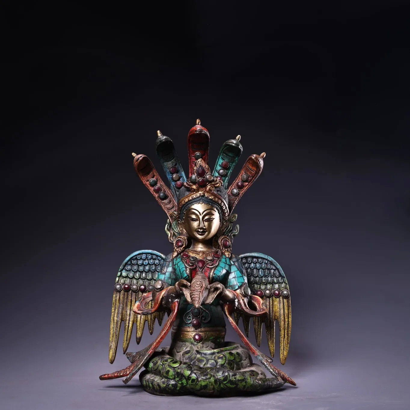 

11-дюймовая коллекция тибетского храма, старый бронзовый контур в золоте, мозаика, драгоценный камень, Гагараджана, пятиголовая змея, мама-змея, Будда, зал поклонения