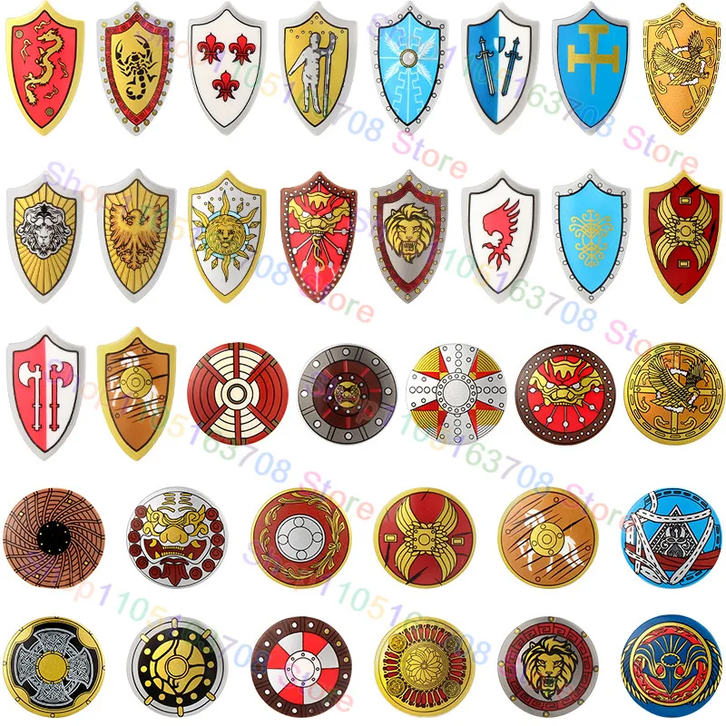 Blocs de construction de figurines de château médiéval, accessoires militaires, bouclier rond romain, double fourreau, tablier, jupe, armure, cape, jouet en briques