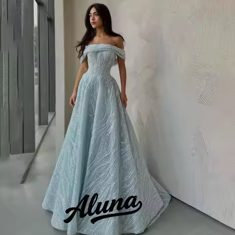 Aluna Customized Luxury Sky Blue Prom Dresses Beaded Fabric Special Occasion Dress Off Shoulder Party Evening Dress Vestidos