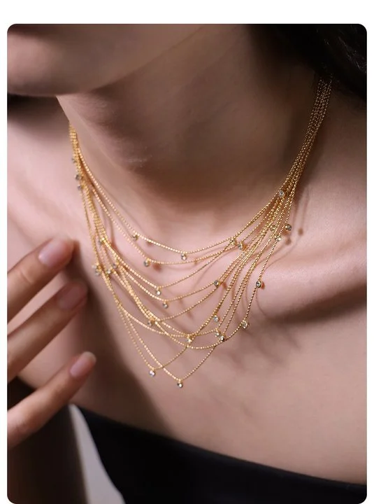 Fashion Unique Multi-layers Stainless Steel Full Zircon Gold Strand Choker 45cm Top Quality Diamond Necklace Waterproof Jewelry