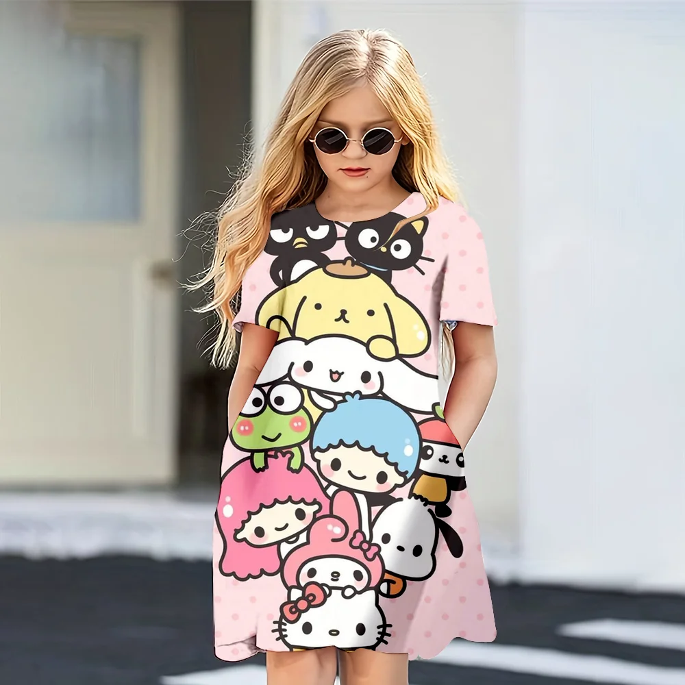 MINISO New Girls Summer Dress Fashion Cartoon Cute Hello Kitty Friend 3D Print Dresses Short Sleeve Princess Vacation Clothing