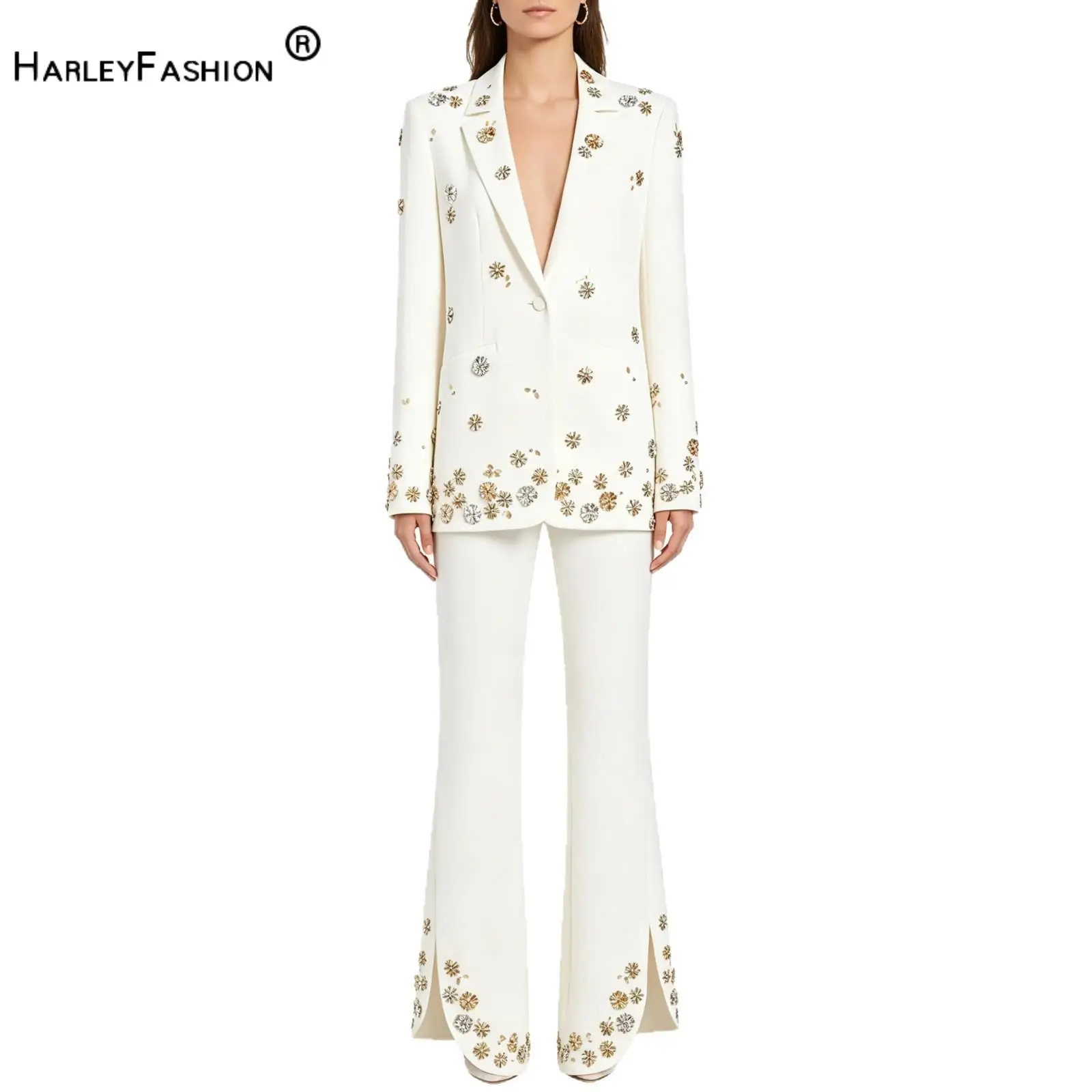 2026 Lady Rhinestone Office Fashion Wear Notched Long Sleeve Single Button Blazer Flared Slit Pants Women Solid 2Pcs