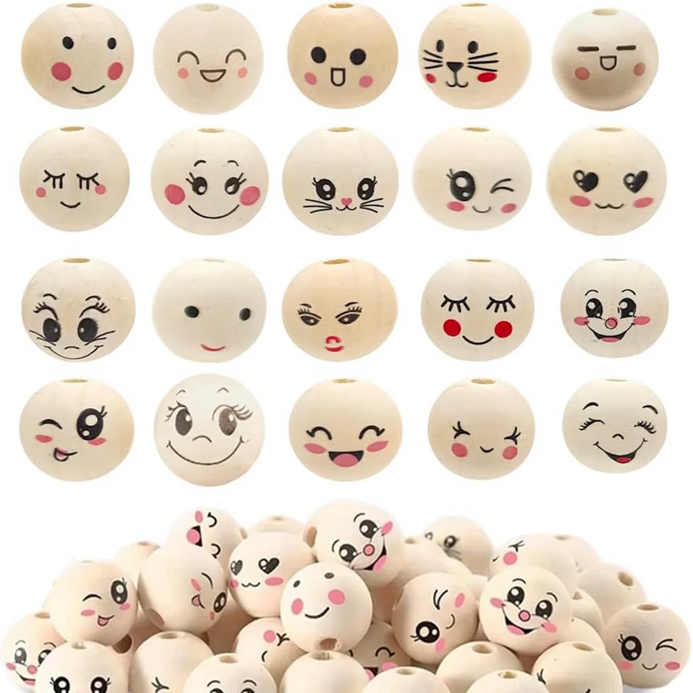

200pcs Natural Smiling Face, Wooden Beads, Craft Beads, Round with Wood for DIY, 20 mm, Craft