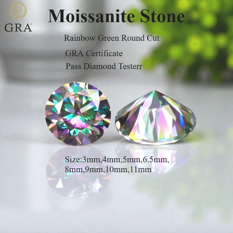 

Муассанит камень круглой огранки Радужный зеленый свободный драгоценный камень для изготовления ювелирных изделий с сертификатом Пройти тестер бриллиантов