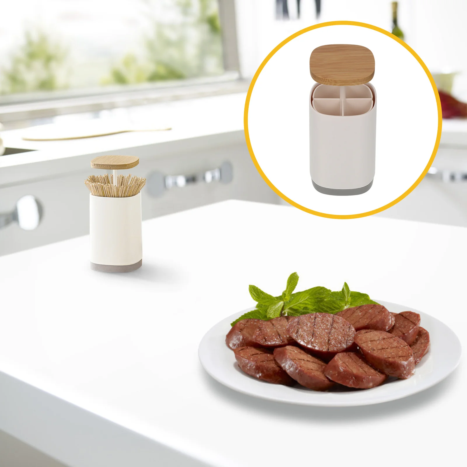 

1Pcs Toothpick Box Divided Pressing Type Automatic Toothpick Holder Large Capacity 4 Compartments Home Storage Organizer Cotton