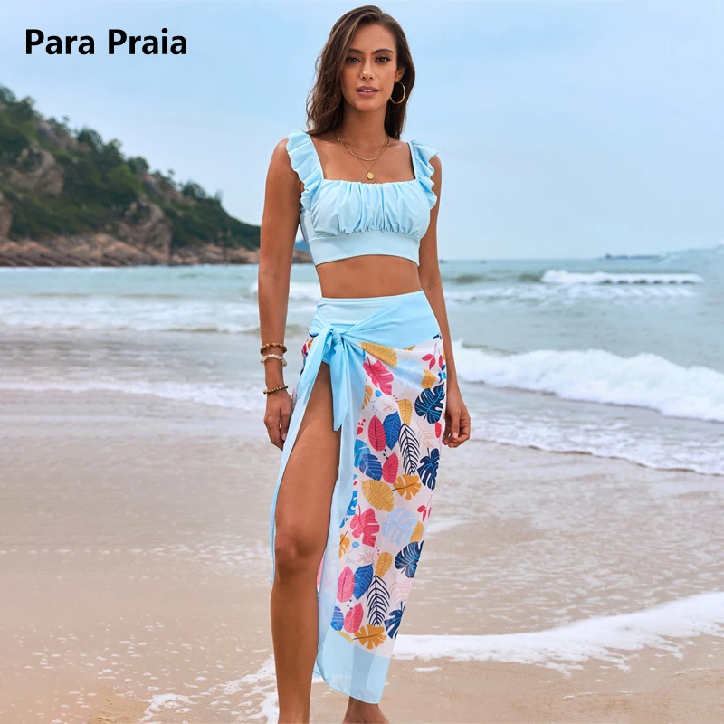 

Para Praia Pleated Three Pieces Bikini Set with Print Long Skrit 2025 Swimwear Women Sexy Swimsuit Beachdress Bathing Suit
