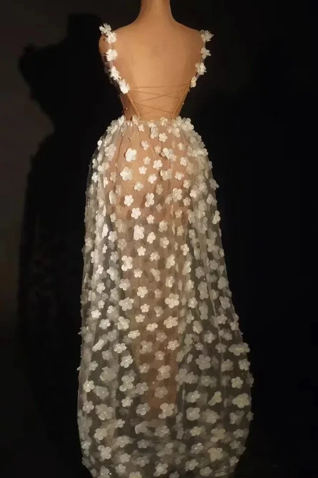 Mesh See Through Flowers Backless Prom Hotwife Outfit Women Sexy Elegant Party Dress Wedding Celebrate Evening Gown