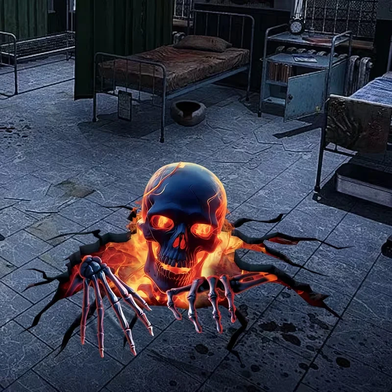 1 set of 2 2D printed Halloween ground breaking flame skeletons, flame skeleton floor stickers