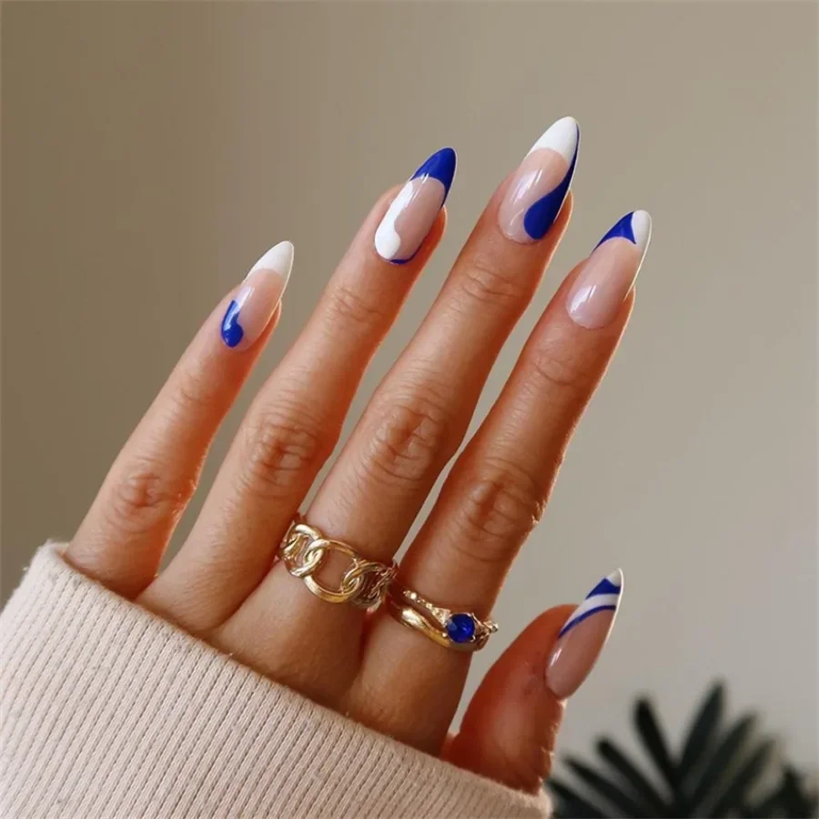 

24P/Set Medium Long Almond False Nails Irregular Blue Edge Pointed Fake Nail Artificial Acrylic Removable Press on Nails Art tip