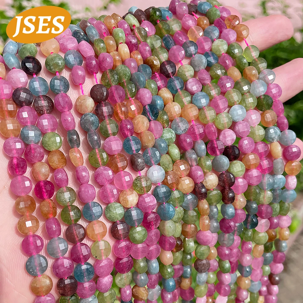 

AA 6mm Colorful Tourmaline Chalcedony Coin Faceted Beads Loose Space Stone Beads for Jewelry Making Diy Bracelet Accessory 15''