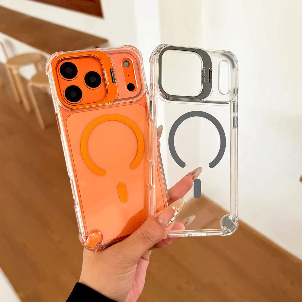 

Luxury Magnetic Shockproof Case for IPhone 17 16 15 14 13 12 Pro Max Plus 17Air for Magsafe with Glass Lens Protect Stand Cover
