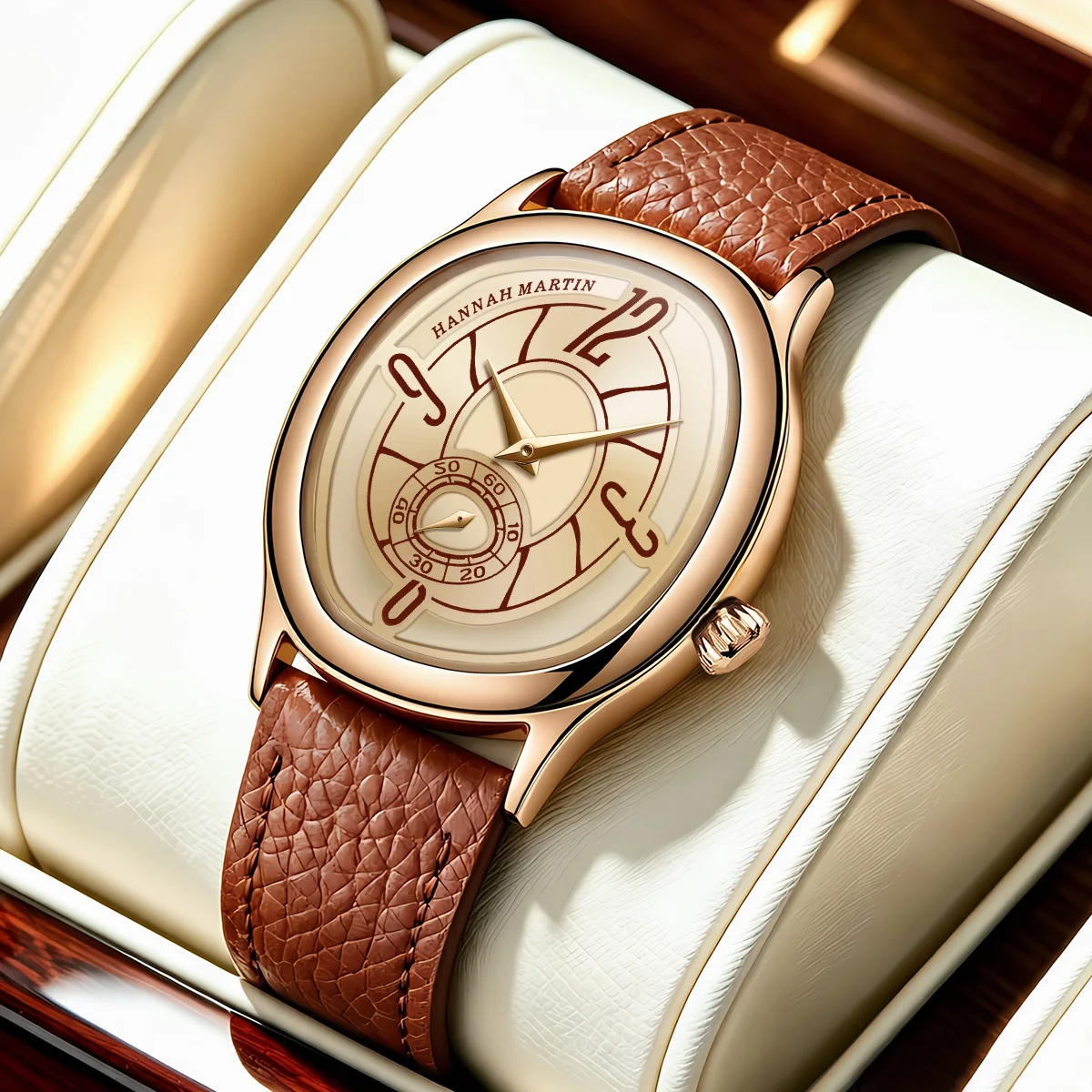 HANNAH MARTIN Watch Fashion Leather 40mm Timing Sub Dial Neutral Couple Clock Luxury Brand Quartz Movement Waterproof Wristwatch