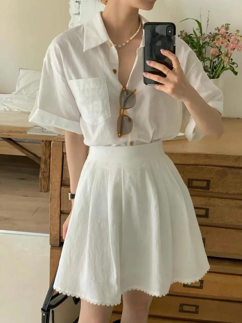 Alien Kitty Streetwear Solid Chic Women Shirts Summer 2025 Short Sleeve High Waist Mini Patchwork Lace Skirts Elegant Sets