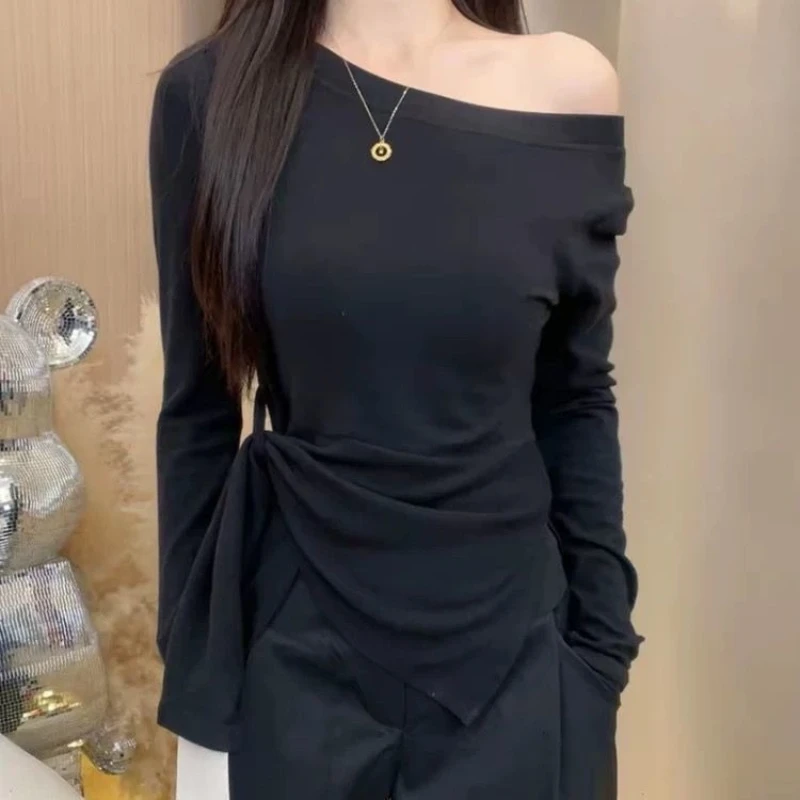 Women New Arrival Irregular Slit Round Neck Tie Detail Versatile Long Sleeve T Shirt Base Top Slim Fit Slimming