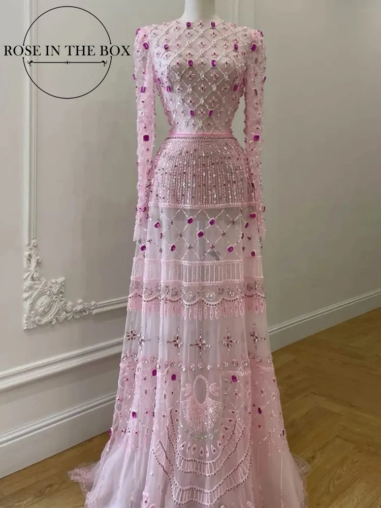 

ROSEINTHEBOX Customized Beaded Crystals Gems Fully on Wedding Gown Long Sleeve Sheath Slim Mermaid Floor-length Gown Maxi Tail