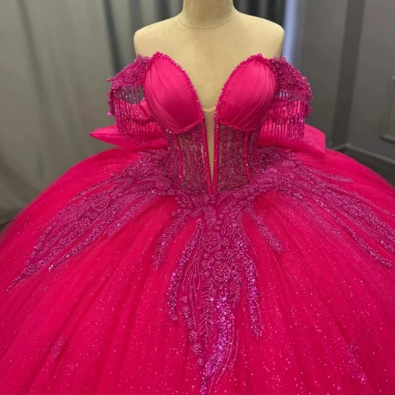 

Luxury Fuchsia 15 16 Year Girl Quinceanera Dresses Beading Applique Bow Ballgown Prom Special Occasion Wear Party 2026Customized