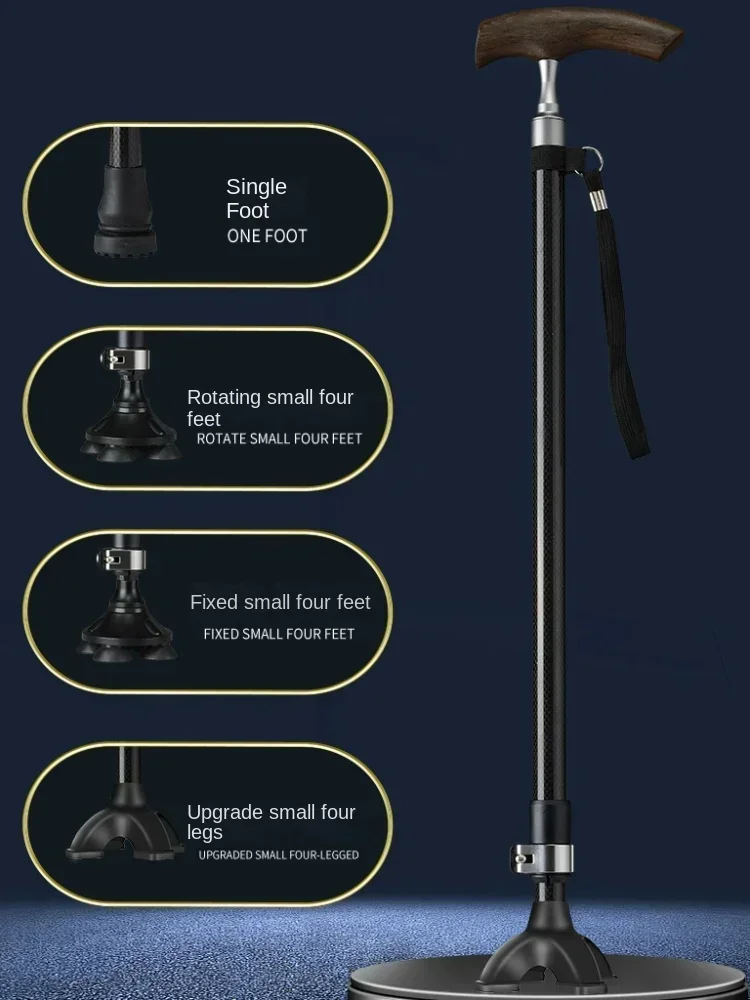 Stable Carbon Fiber Walking Stick - Telescopic Solid Wood Handle Cane, Non-Slip Elderly Crutches, Wear-Resistant Mobility Aid