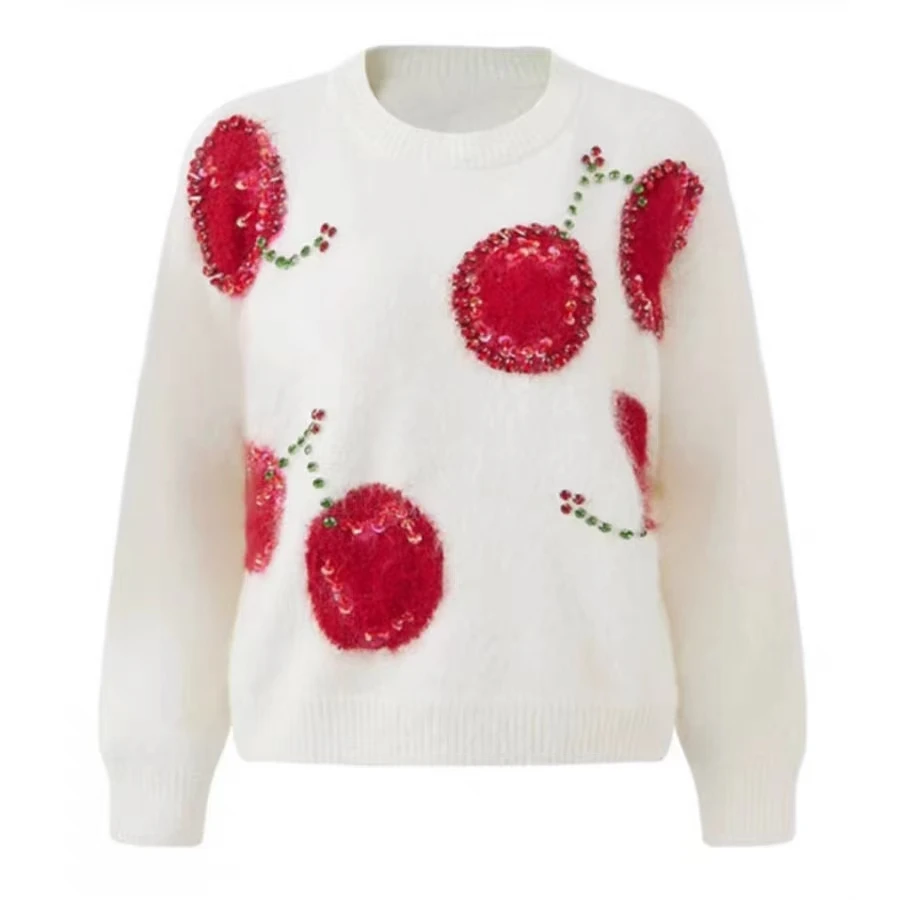 Luxury Cherry Diamonds Beads Women Sweaters New Autumn Winter O-neck Pullover Top All-match Long Sleeve Knitted Jumpers Clothes