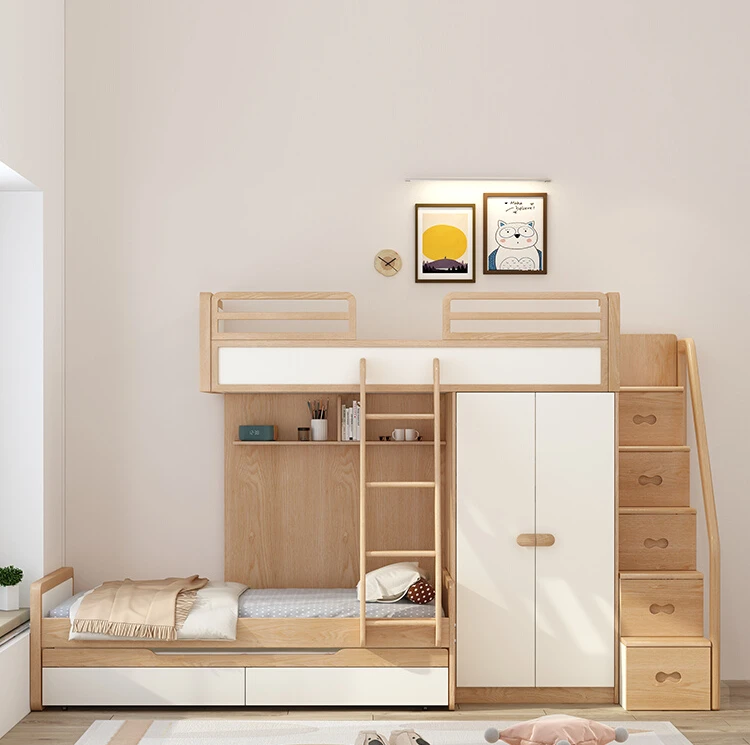 Get on and off the bed children's bed solid wood high-low bed multifunctional mother-child bed with wardrobe