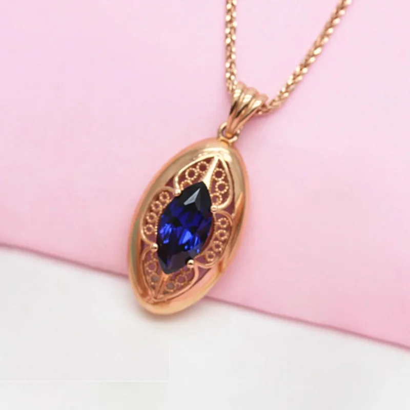 New In 585 Purple Gold Classic Fashion Inlaid Blue Gem Pendant Plated 14K Rose Gold Necklace for Women Light Luxury Jewelry