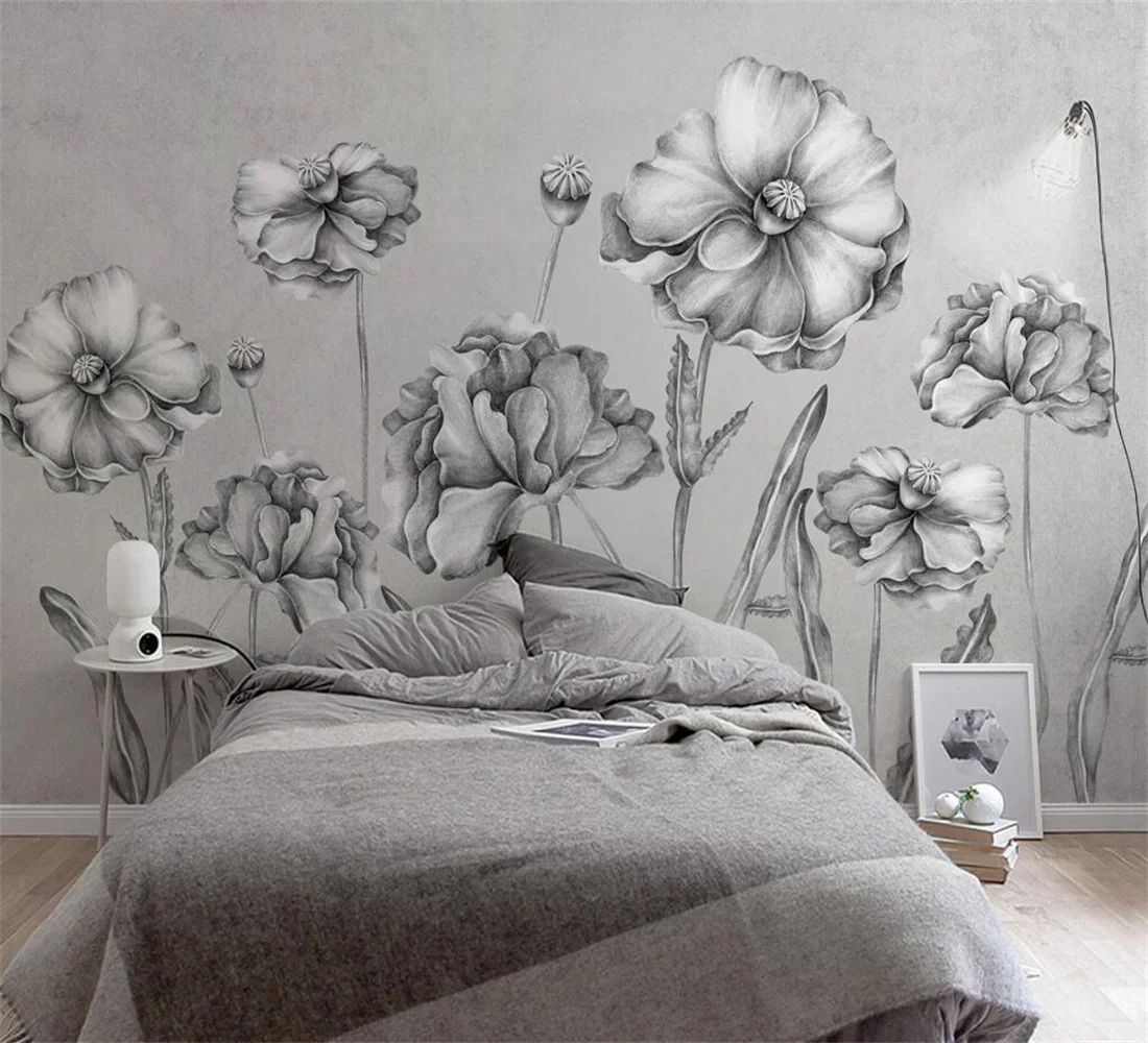 Custom size wallpaper black, white and grey hand-painted flowers flower mural home decoration living room bedroom 3D Wallpaper