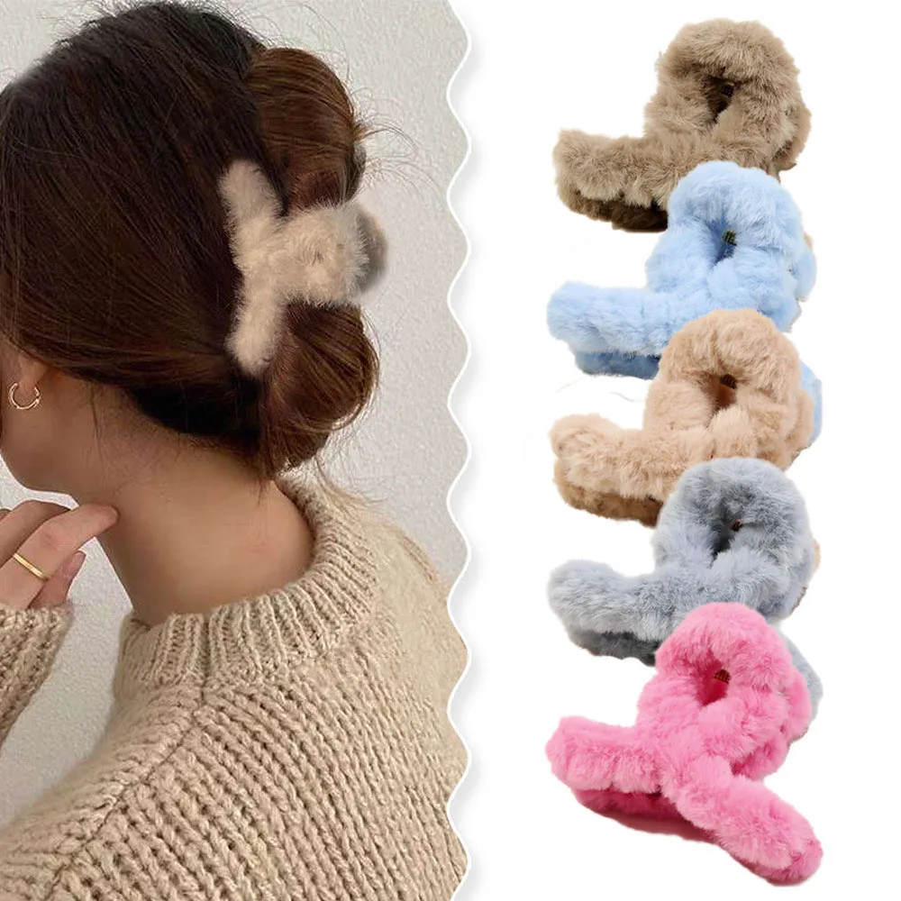 Faux Fur Mini Hair Claw Plush Hair Clip Crab Barrettes Fluffy Cross Acrylic Small Hairpins Women Girls Winter Hair Accessories