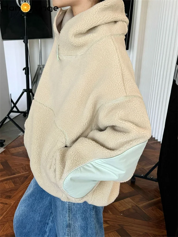 HanOrange 2024 Winter Windproof Hat Fake Lambswool Hoodie Thick Warm Silhouette Hooded Sweatshirt Patch Cuff Off White/Blue