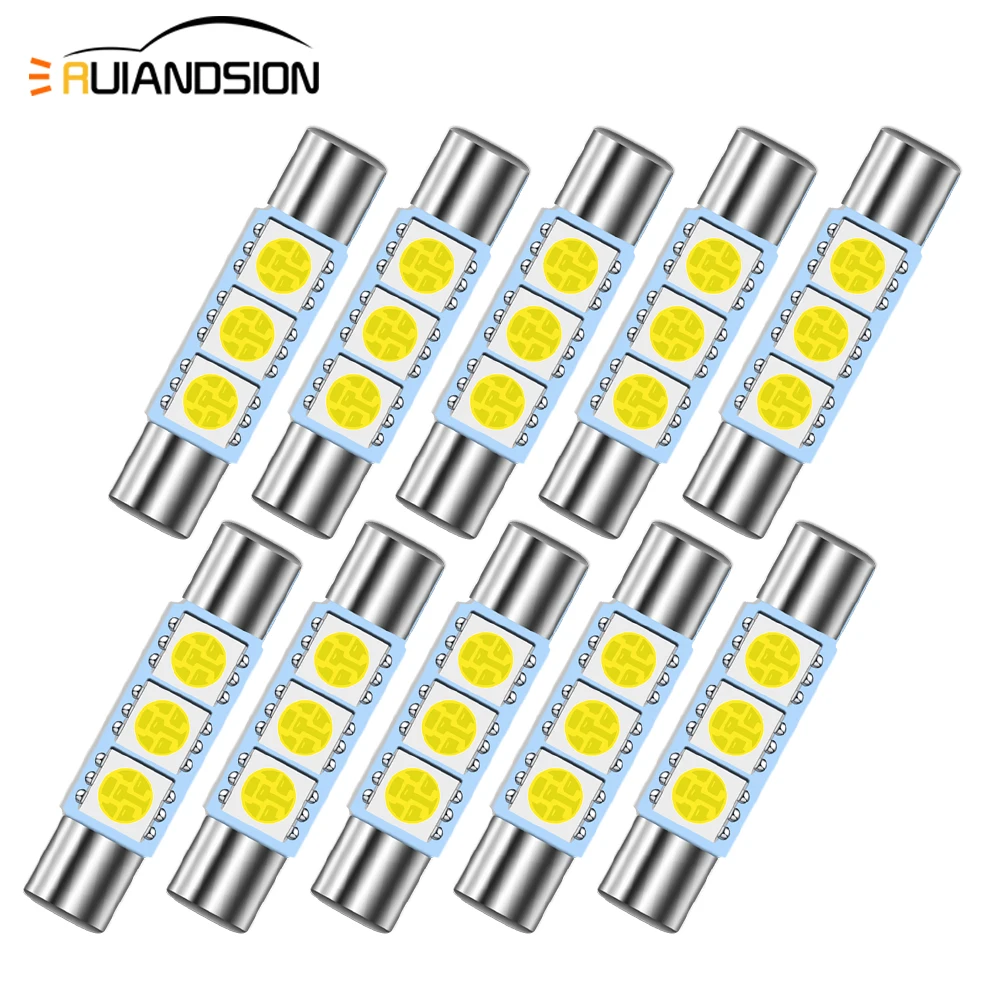 

10pcs x Festoon Warm White Ice Blue Color 3 SMD 5050 Sun Visor Vanity Mirror Fuse 28MM 31MM 6641 6614 Car LED Light Bulb 12V