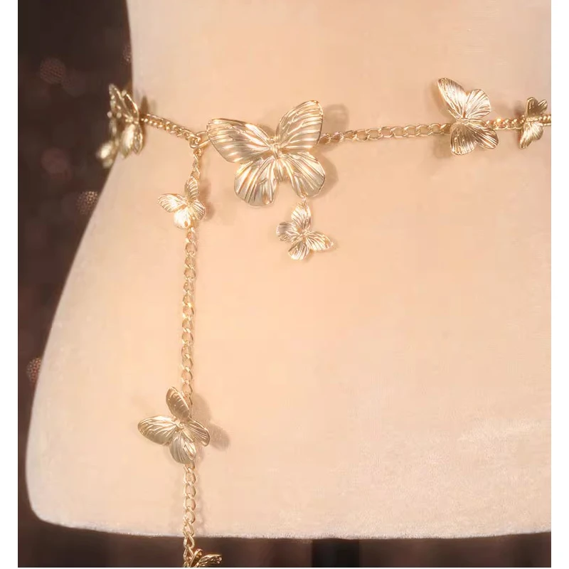 

Light Golden Butterflies Chains Belt Female Slim Vintage Waist and Neck Decoration Multi Useful Jewellry Ladies