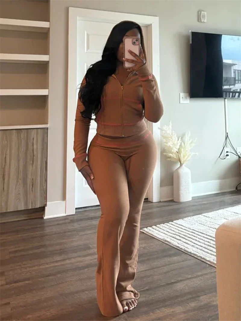 스트릿웨어 와플 2 피스 세트, 여성용 의상, 용수철 의류, 여성용 후드 크롭탑 플레어 바지 세트, 캐주얼 운동복 세트