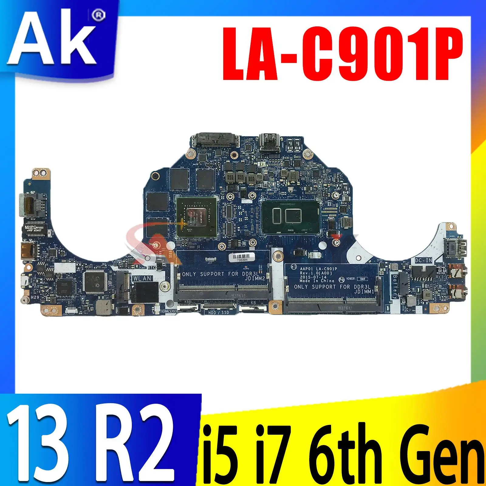 

For DELL Alienware 13 R2 Laptop Motherboard AAP01 LA-C901P i7-6500U I5-6200U GTX960M N16P-GX-A2 0V3TCJ DDR3 Notebook Mainboard