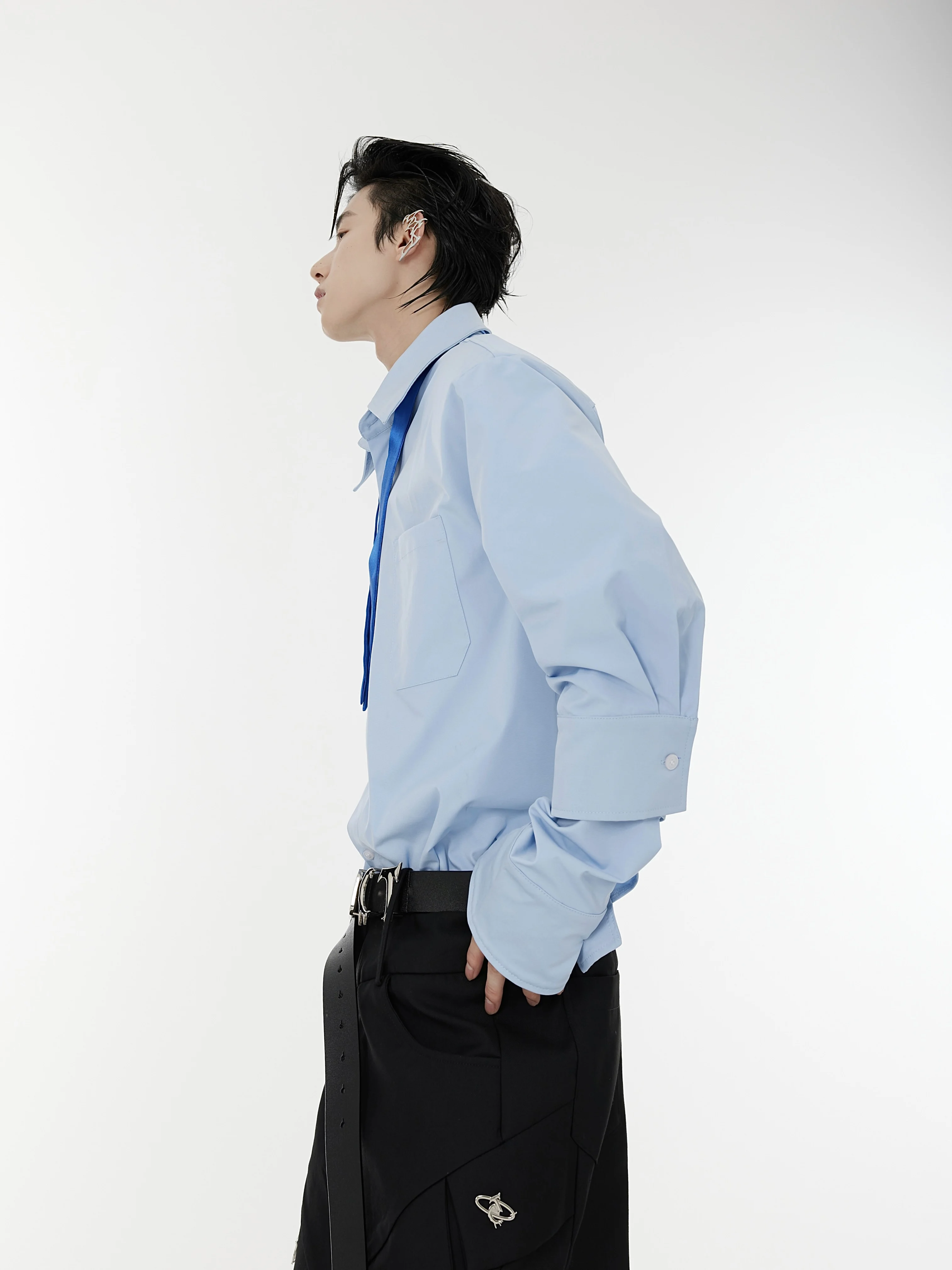 Men's Pure Color Shirt with Padded Shoulder Double Layer Cuff Design Cross Collar Tie Splicing Open Cardigan Loose Fit Cotton