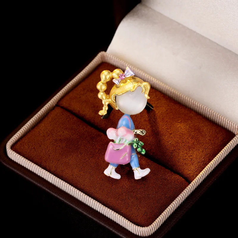 

Cute Cartoon Oil Drop Walking Girl Brooch Fashion Versatile Pin Niche Suit Design Sense Brooch Accessory