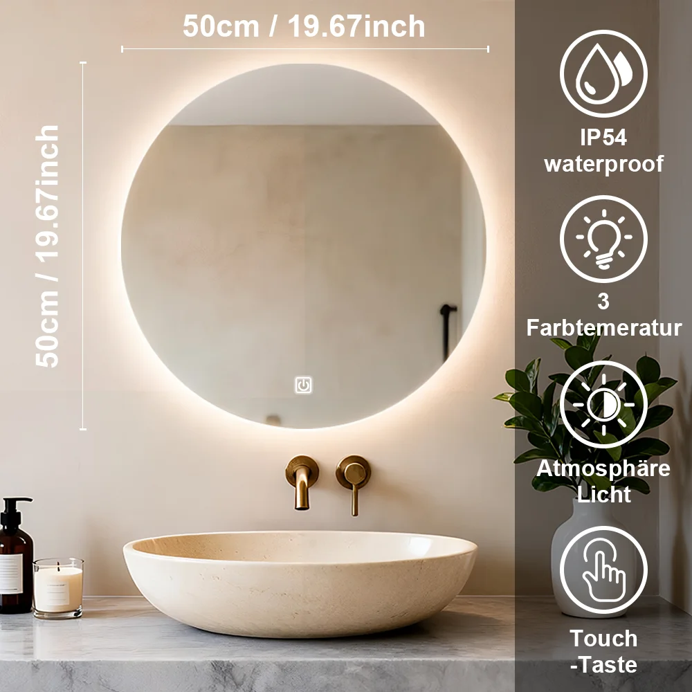 Slimme ronde badkamerspiegel met LED-verlichting Wandgemonteerde spiegel 3 kleuren Geheugen Traploos dimbaar Waterdicht IP54 Aanraakschakelaar