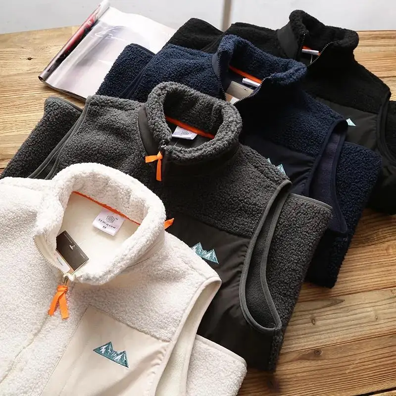 Men's Winter Fleece Vest Casual Lapel Zipper Pocket Straight Hem Slim Fit Youth Fashion Pure Color Zipper Closure