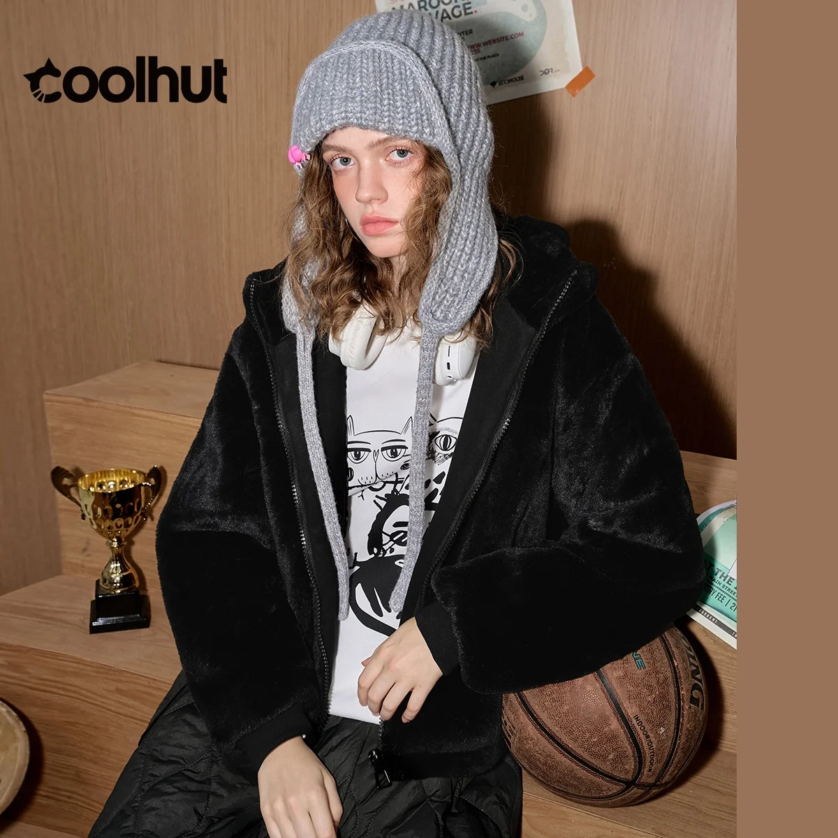 COOLHUT 2025 المرأة الأرنب هود سترة ناعمة لطيف بلون الربيع معطف دافئ خفيفة الوزن المؤنث ملابس خارجية غير رسمية #3