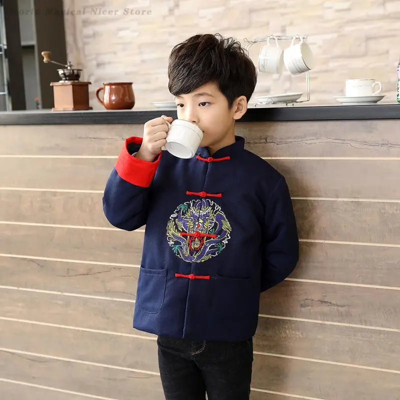 Kids Tradition Chinese Jacket Child Vintage Button Hanfu Coat Chinese New Year Tang Clothes Boys Girls Qipao Top Kong Fu Clothes