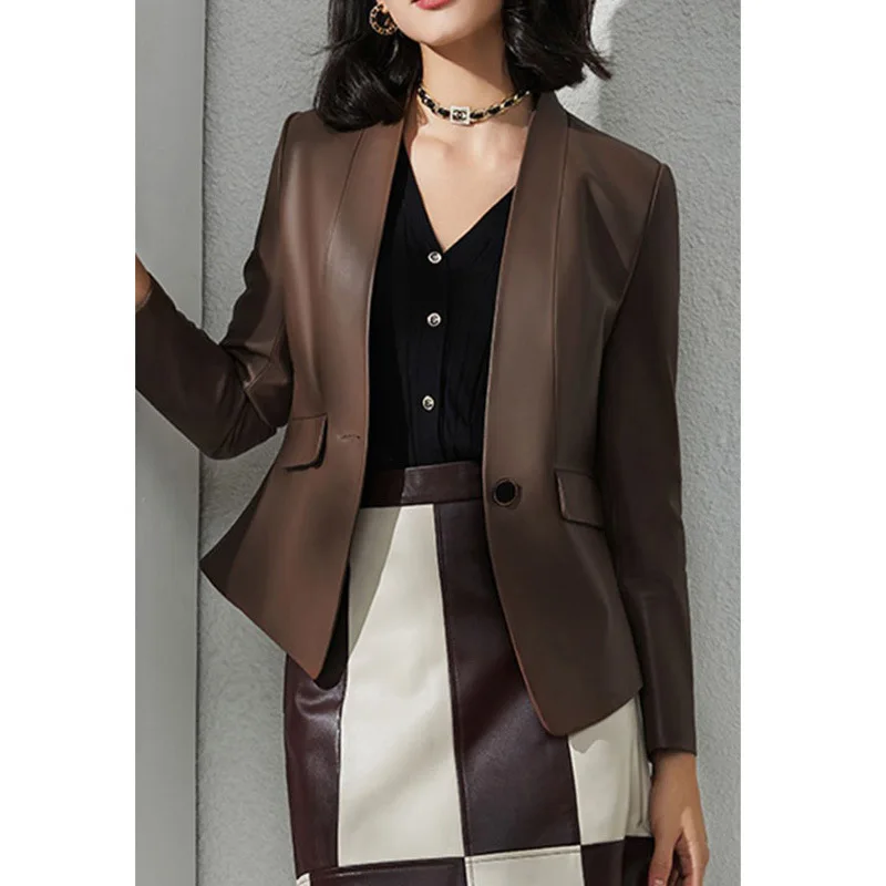 

Night noise, exquisite small lapel, short sheepskin leather jacket with loose silhouette and leather jacket