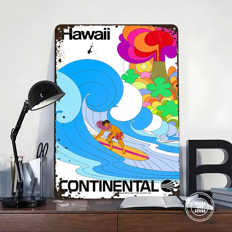 Hawaii Continental Surfing Retro Metal Poster Customized Wall Art Retro Vintage Tinplate Signs for Man Cave Decoration Room Home