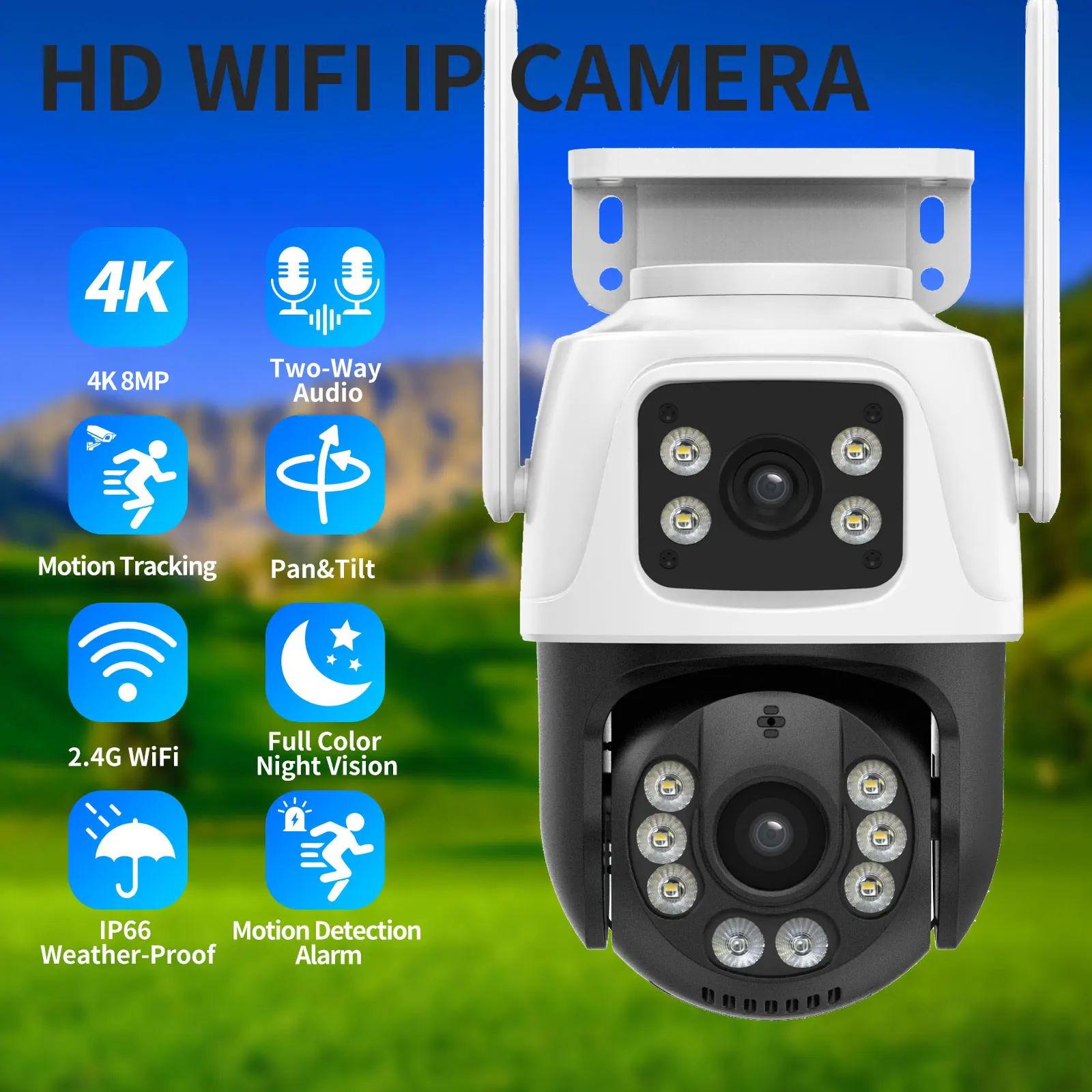 Gadinan 4K 8MP Dual Screen Wifi Camera Outdoor PTZ CCTV Ai Human Detection & Tracking Color Night Vision Wireless Monitor ICSee