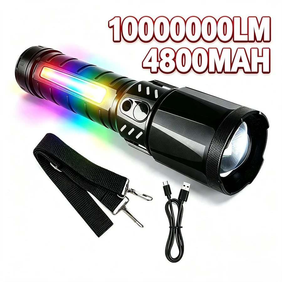 10000000LM Super Powerful Flashlights USB Rechargeable Tactical Torch 4800mah Power Bank Colored COB Light for Outdoor Camping
